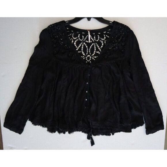 Free People Women's Sz S Black "How You Doin" L/S Flowy Button-Up Blouse - Picture 5 of 8